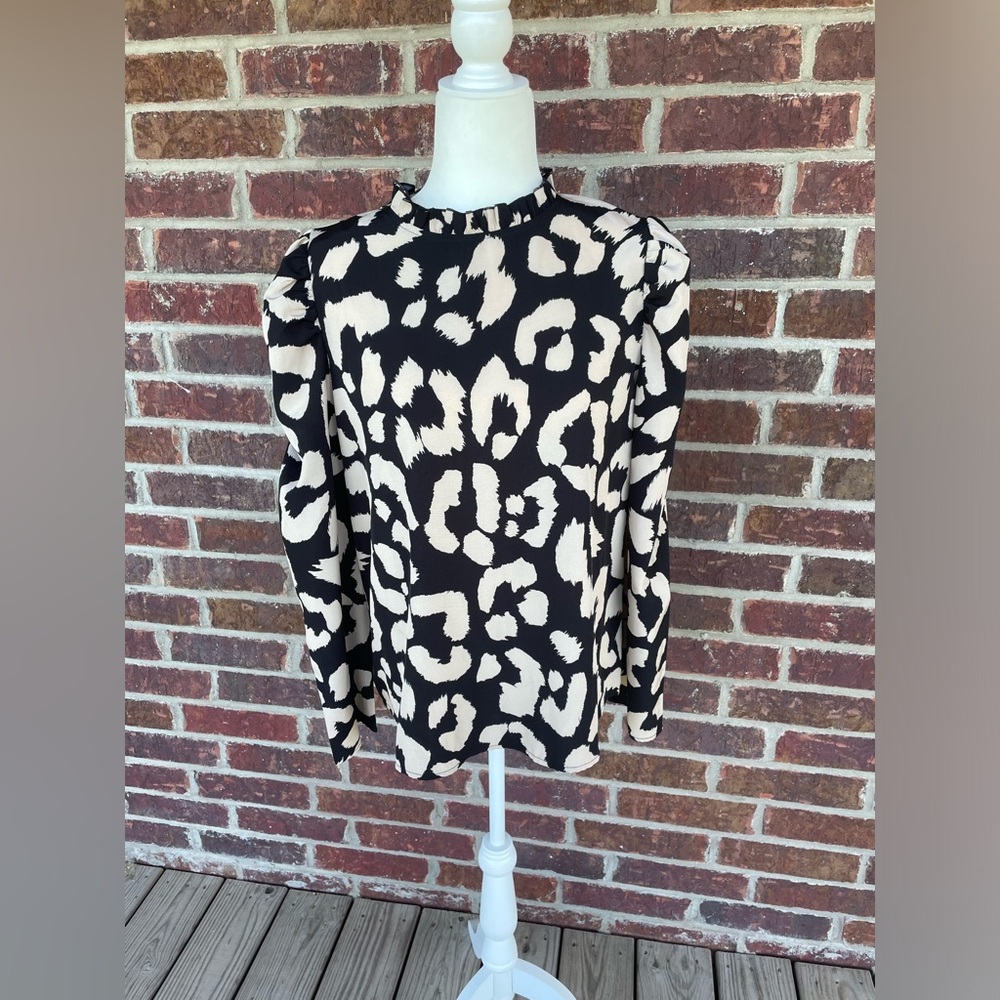 Women’s Shein Animal Print Flounce Sleeve Ruffle Mock Neck Blouse Size Large